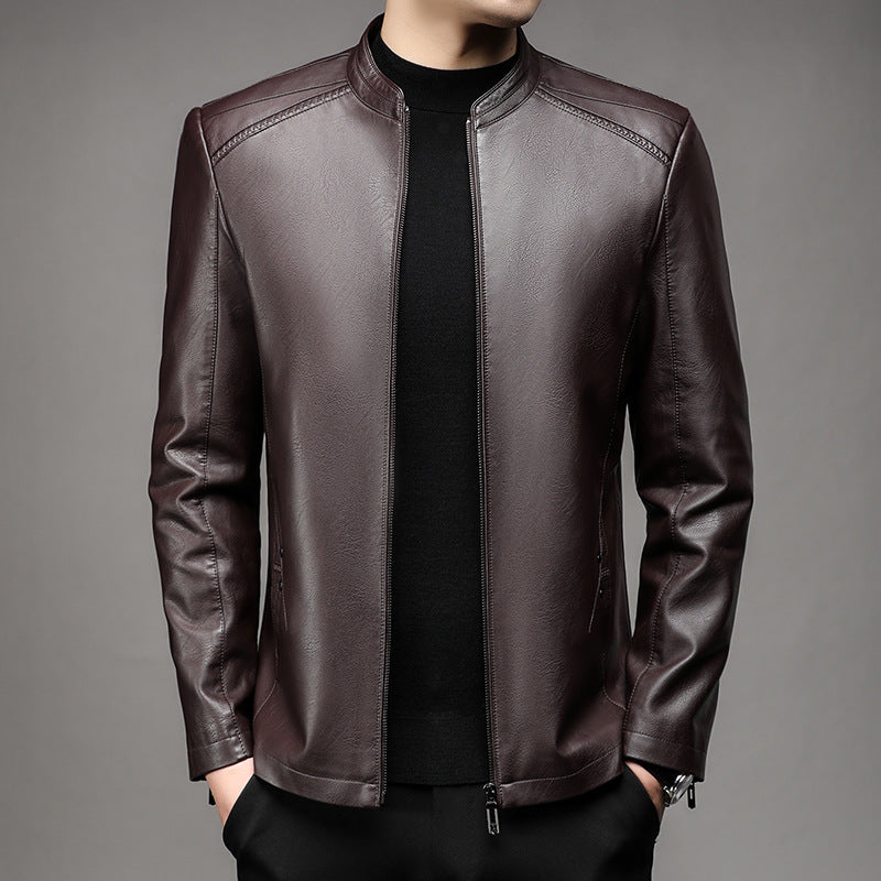 Men's Leather Jacket Men's 2025 Autum New Middle-Aged Fashion Business Stand Collar Fleece-Lined Casual Men's Leather Jacket Jacket