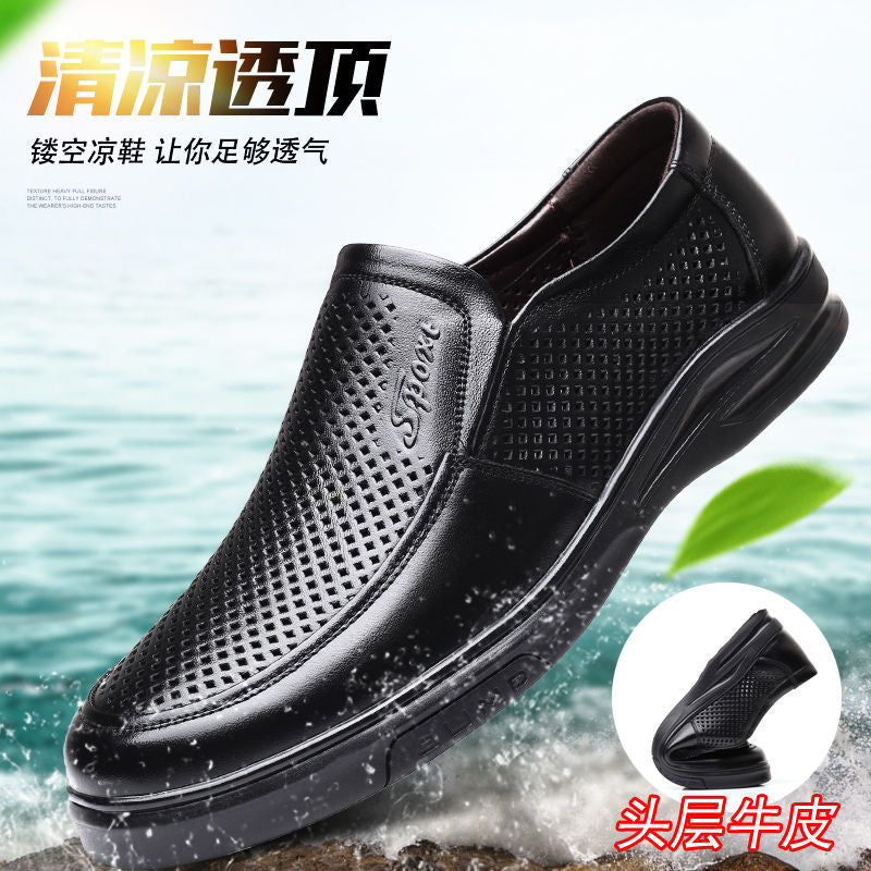 Mingfu Leather New Hollow Leather Sandals Soft Sole Soft Face Hole Shoes Breathable Casual Business Leather Sandals Dad Shoes