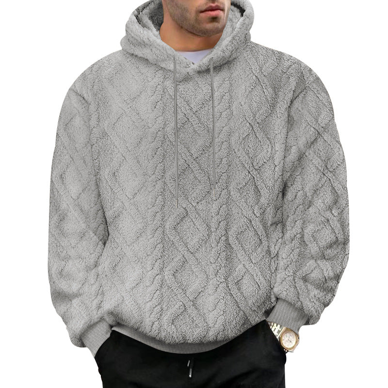 Cross-Border American Style Autumn and Winter Sweatshirt for Men, Casual High Street Jacquard Diamond Double-Sided Fleece Loose Pullover Hooded Sweatshirt for Men