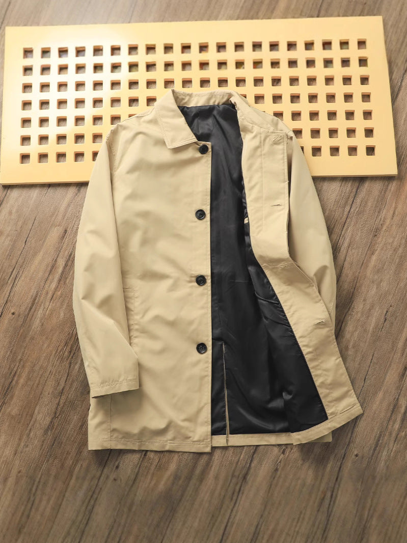 Island Country Quality! Spring Men's Pure Color Casual Lapel Mid-Length Windbreaker Jacket Youth Handsome and Versatile