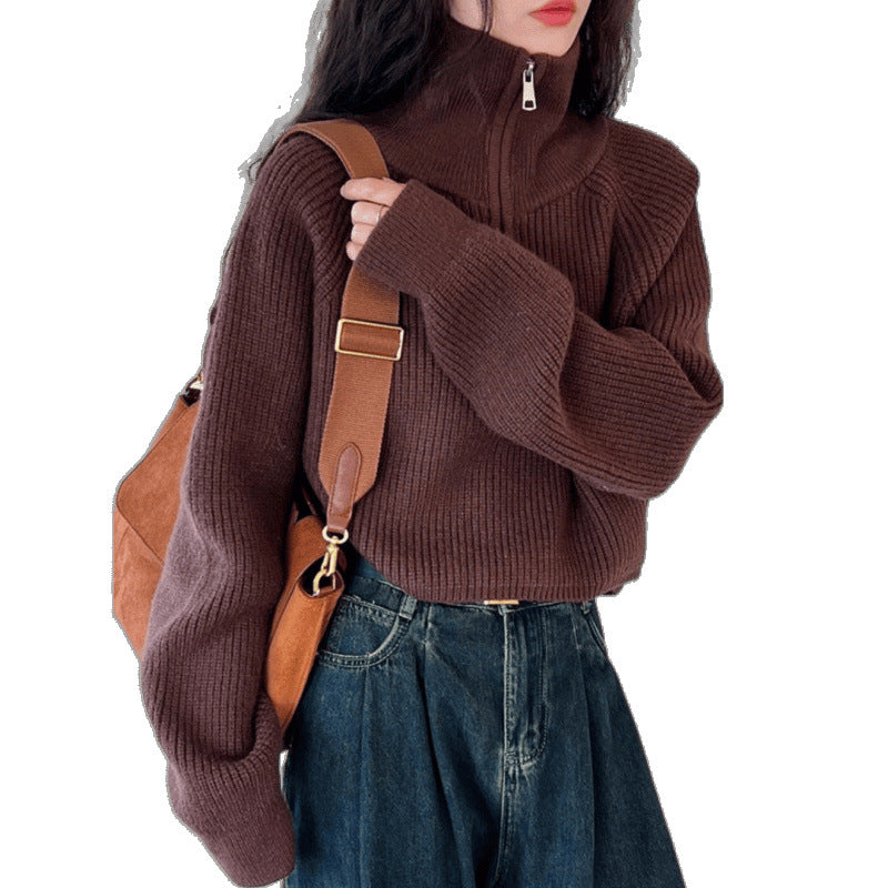 Designed Half-High Collar Zipper Red Knit Sweater for Women, Short Style, New Spring Model, High-Waisted Sweater, Loose and Thickened