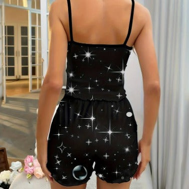 Star-Print Pajamas suit, Round Neck Sling Top and Lettuce Trim Shorts Women's Pajamas & Home Wear