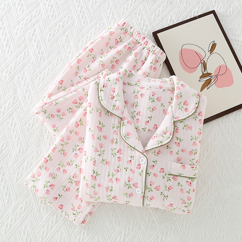 Autumn and Winter pajamas women's quilted warm lapel women's outdoor home wear cotton thickened air-conditioned room Winter pajamas