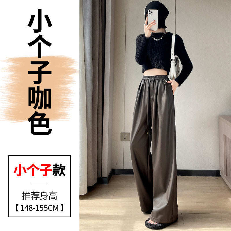 Real shot in stock leather pants women 2024 autumn and winter new fleece-lined PU leather soft leather floor wide leg pants high waist casual pants