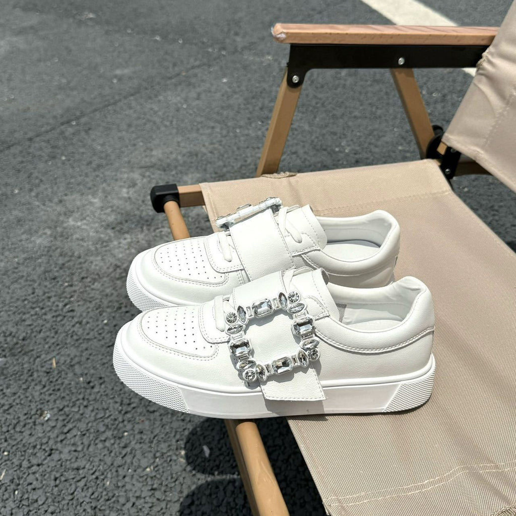 Genuine Leather Thick-Soled White Shoes for Women 2026 Spring and Autumn New Style Square Buckle Rhinestone Thick-Soled Height-Increasing Slip-On Soft-Soled Sneakers for Women