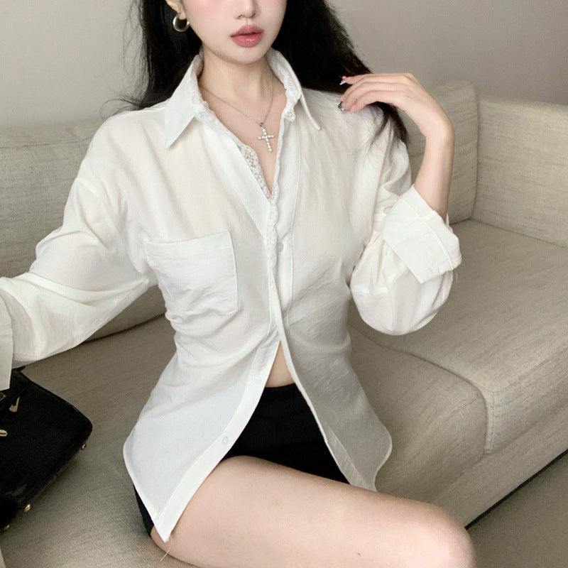waist lace stitching lapel fake two long sleeve shirts