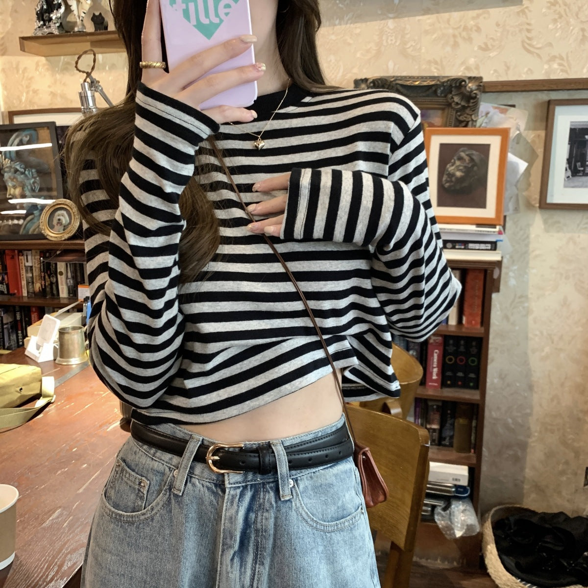 Autumn New Casual Slim Bottoming Shirt Short Student Top Contrast Color Striped Long Sleeve T-Shirt for Women