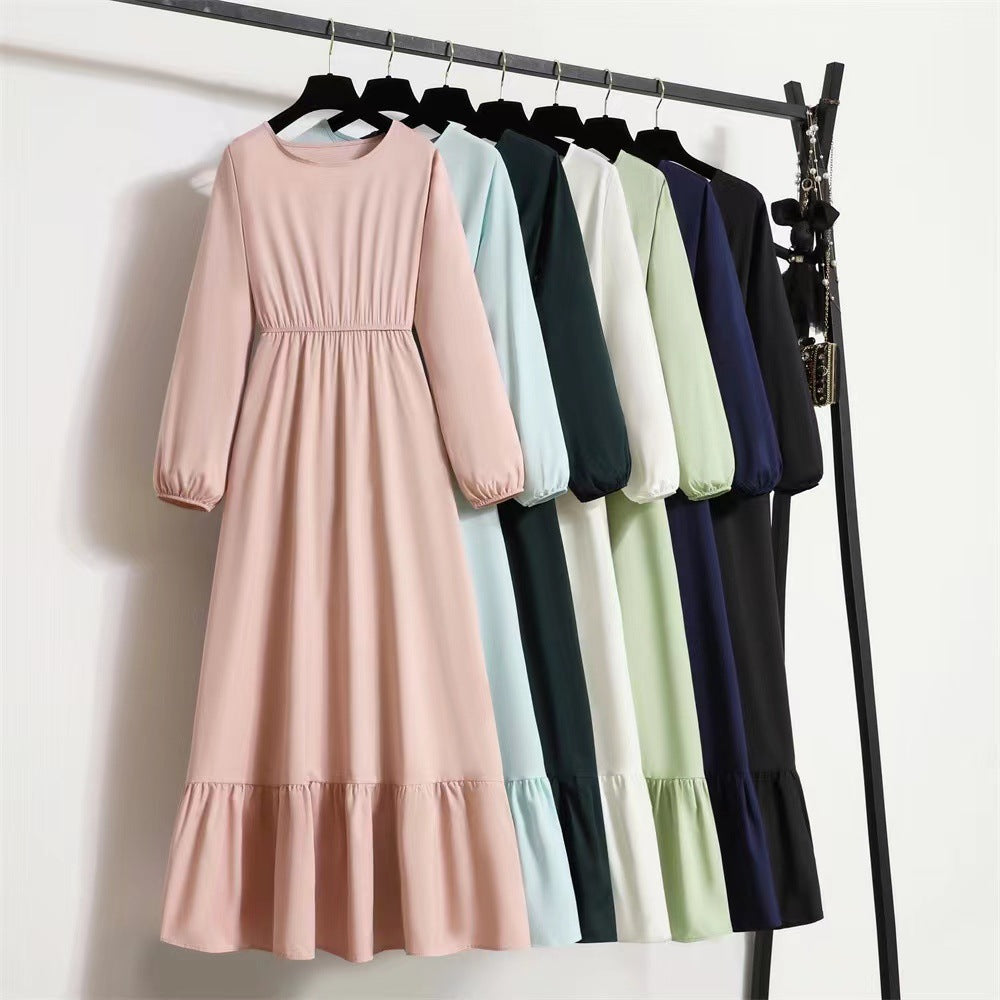 Cross-Border Export Aliexpress Women's New Long Skirt Pure Color Pullover Long-Sleeved Waist A-Line Dress