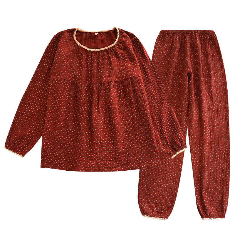 Red Floral Pajamas Women's Spring and Summer Pure Cotton Gauze Double-Layer Thin Long-Sleeved Home Clothes suit