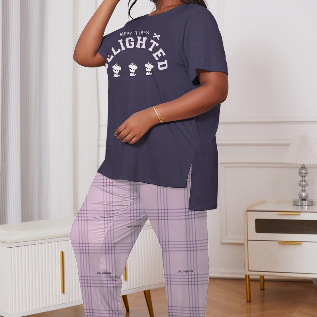 Cross-border plus size Pajamas Women's Spring and Summer Wearing English Printed Short-sleeved Plaid Cropped Pants Pajamas Two-piece Set