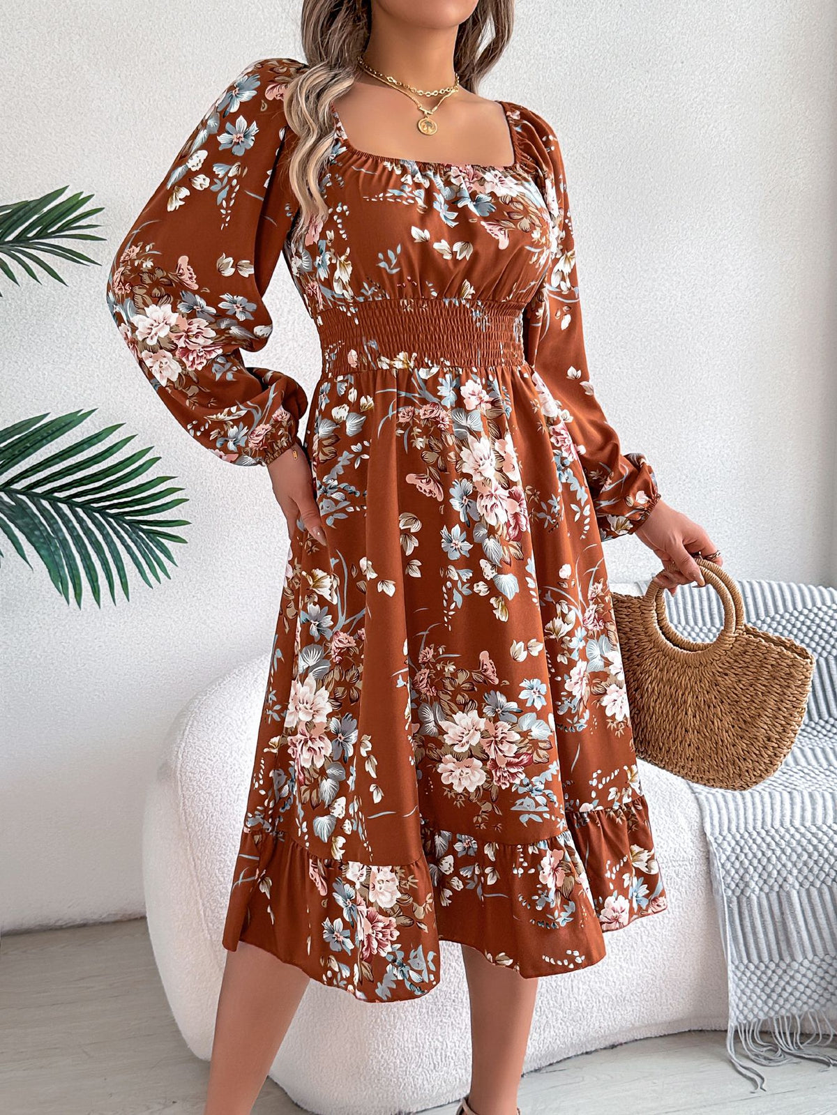 Real shot spring and summer European and American elegant flower square collar long sleeve waist ruffled A- line skirt independent station cross-border women's clothing