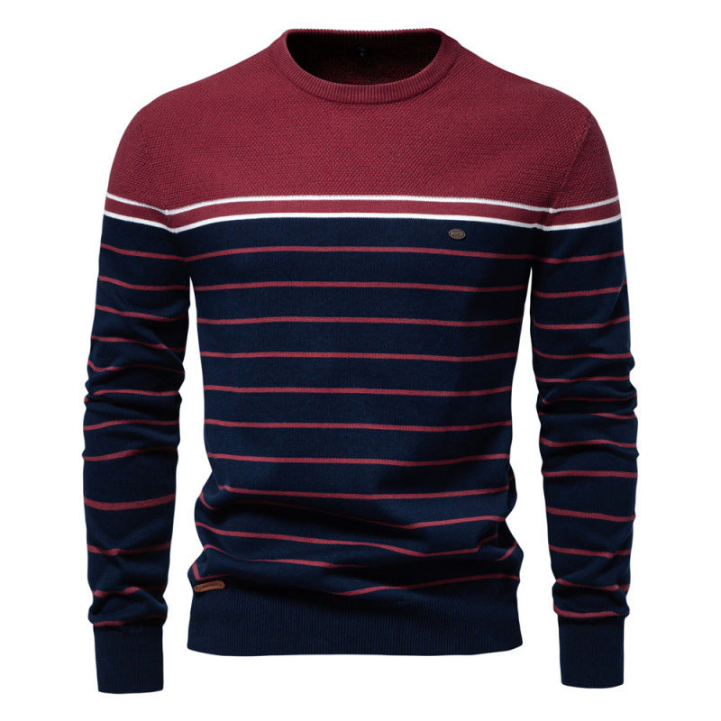 2024 autumn and winter new striped color matching long sleeve men's sweater fashion round neck men's casual sweater