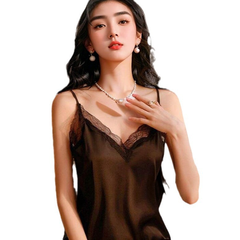 New Sexy Pajamas Women's Lace Temptation Spring and Autumn Sling Contains Nightdress Summer Ice Silk Thin Short Skirt 10030