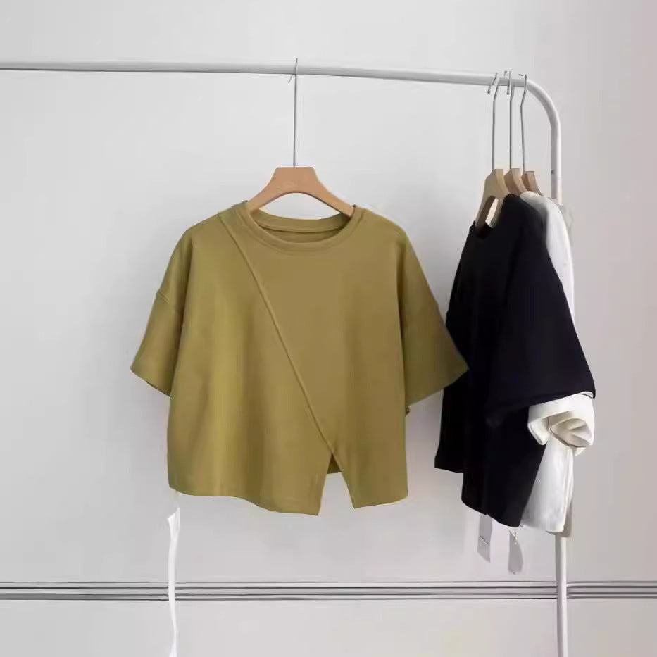 European-Style Regular Shoulder Short-Sleeve T-Shirt for Women, 2026 Summer New Plus-Size Slimming Top for Curvy Women, Tummy-Concealing with Irregular Slit Design