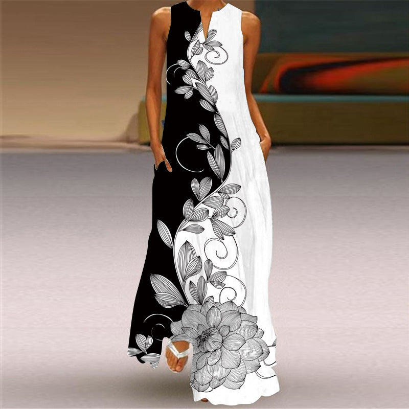 Summer Independent Brand New European and American Retro Print Long Dress V-Neck Multi-Color Long Sexy Sleeveless Dress