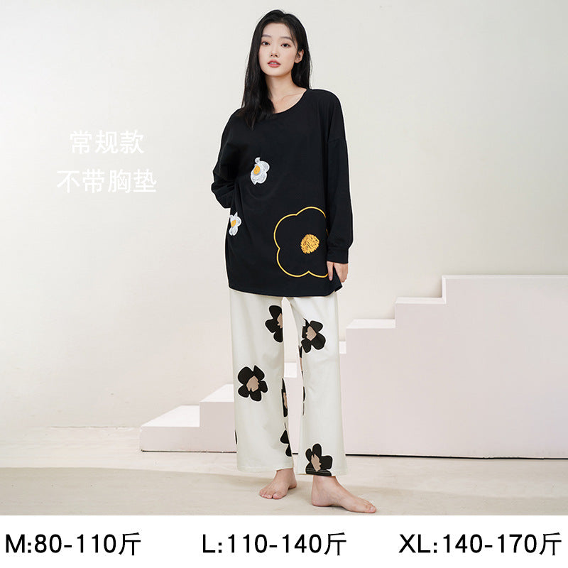 Women's Pajamas, Pure Cotton, Spring and Autumn Long-Sleeved Set, Large Size, High-End Striped Design, Can Be Worn Outside, with Chest Pads, Home Wear