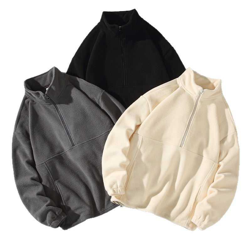 Polar Fleece Sweatshirt Men's 2025 Autumn and Winter Pure Color Half-Zip Pullover Sweatshirt Stand Collar Warm Thickeneded Top