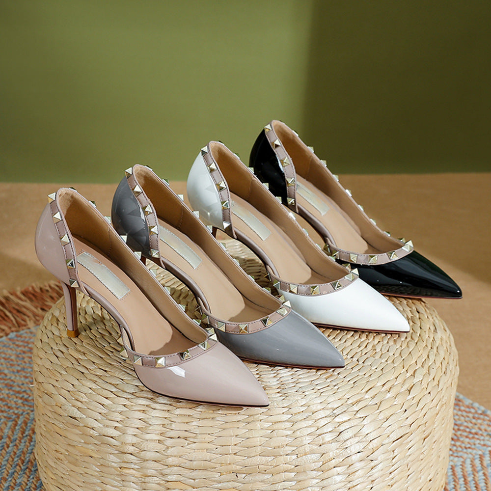 Nude Patent Leather High Heels for Women 2025 Spring New Evening Style Sexy Stiletto French Pointed Toe Side Hollow Rivet Shoes