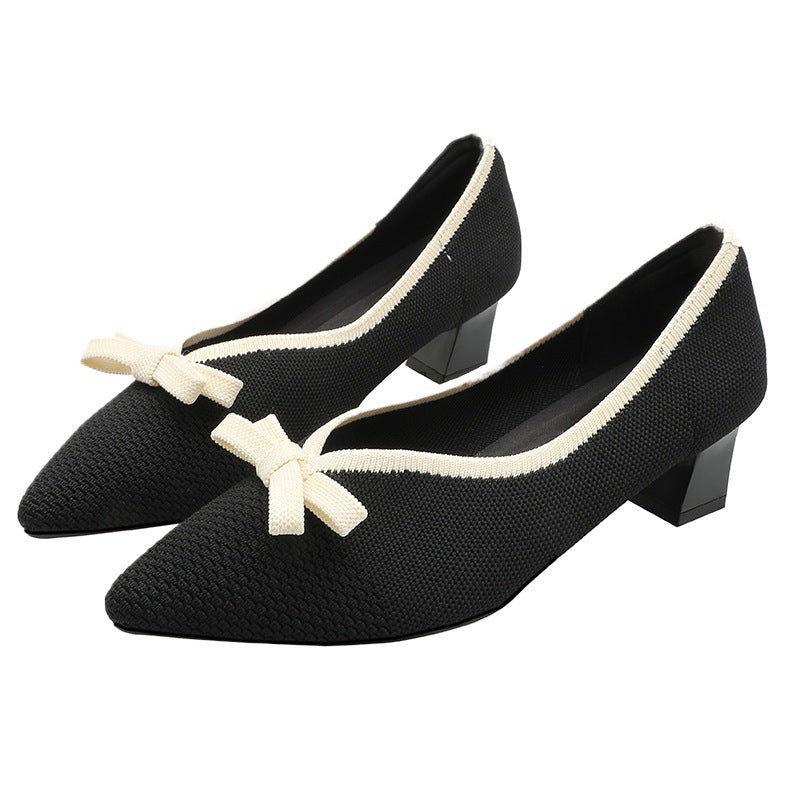 girls Fairy High Heels 2024 Spring and Autumn New Korean Style All-match Chunky Heel High Heel Commuter Women's Shoes Knitted Shoes Single-layer Shoes for Women