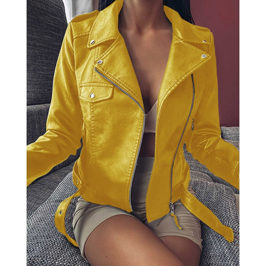 Cross-border 2023 New European and American Motorcycle Leather Jacket Autumn and Winter Women's Leather Clothing Women's Short Slim-fit Leather Fashion Jacket