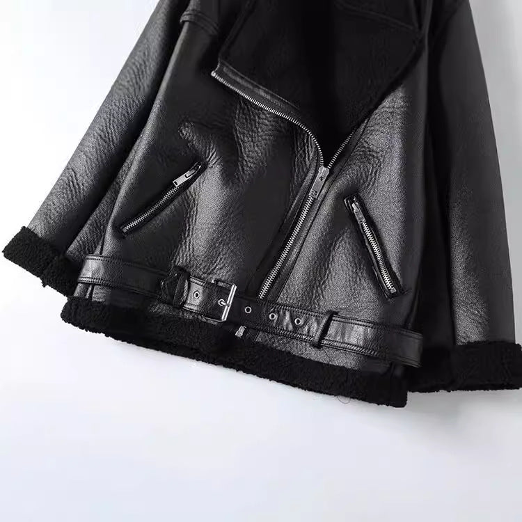 Cross-Border Foreign Trade Women's Clothing in Stock European and American Fashion Fur One-Piece Jacket Thickened Lapel Motorcycle Women's Leather Jacket