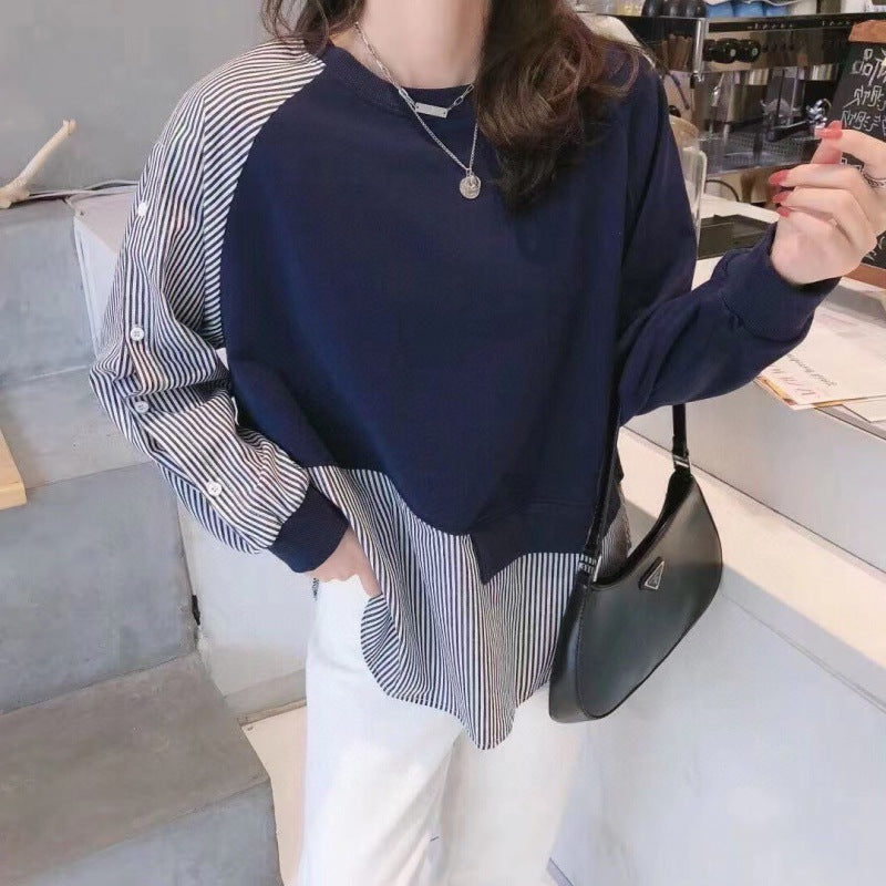 Eclectic Design Sense Niche Stitching Round Neck Sweater Women's Spring and Autumn New Irregular Striped Loose Cotton Top