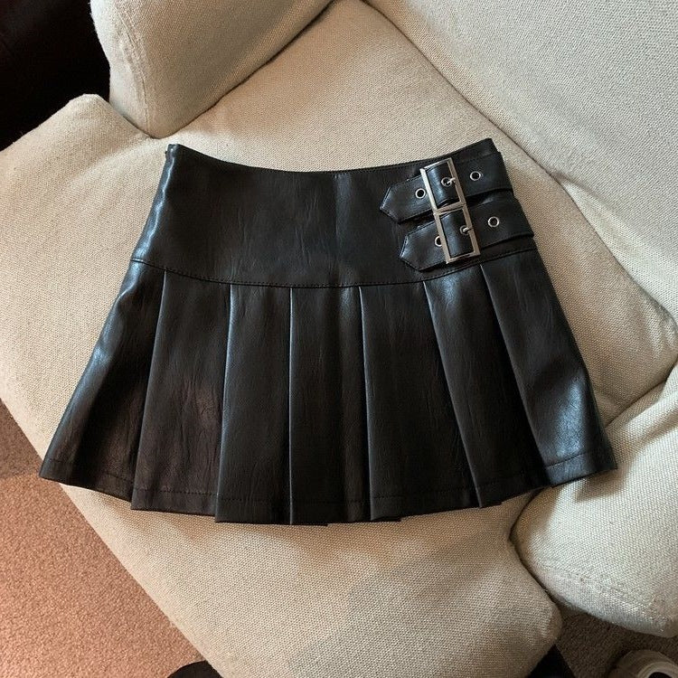 Small Leather Skirt Skirt for Women Spring, Autumn and Winter 2024 New High-Waisted A-Line Black Large Size Pleated Skirt