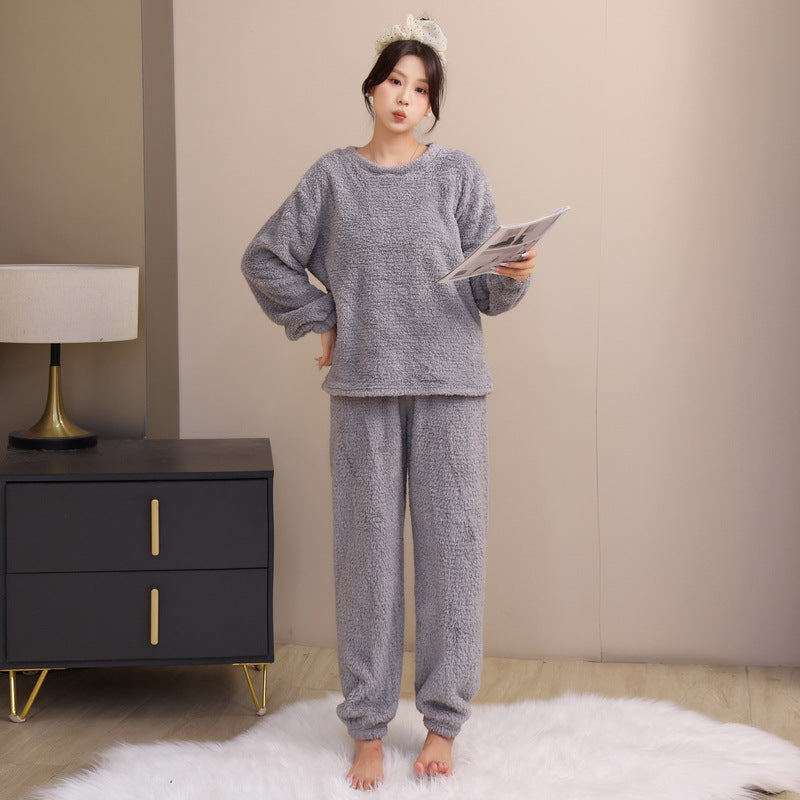 Pajamas for Women 2025 Autumn and Winter New Long-Sleeved Pants Fleece-Lined Thickeneded Bright Silk Coral Velvet Can Be Worn Outside Home Clothes Set