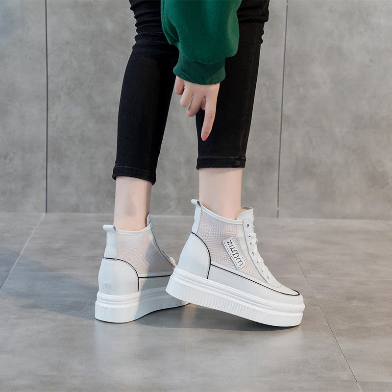 2025 Spring New Women's Mesh High-Top White Shoes with Hidden Heel, Korean Style Casual Platform Shoes