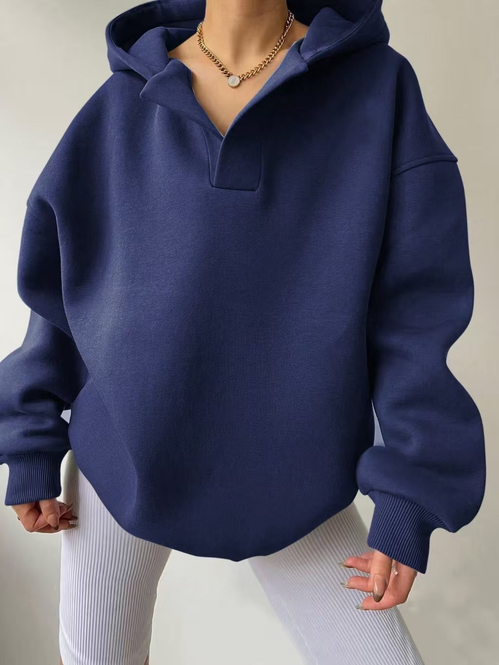 Cross-Border European and American Autumn and Winter Women's Sports Hoodies Long-Sleeved Hooded Solid Color Loose Large Size Fleece Sweatshirts Women's Tops