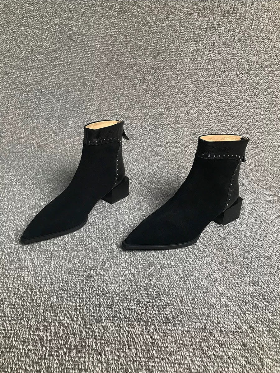 French High-End Medium Thick Heel Short Boots for Women 2025 Winter Rear Zipper Rivet Fashion Boots Slim Boots Elegant Elastic Boots