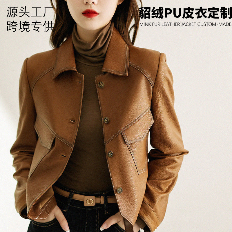 Haining Spring and Autumn New Leather Jacket Single Lined Leather Jacket Women's Short Slim Motorcycle Women's Short Leather Jacket C2707