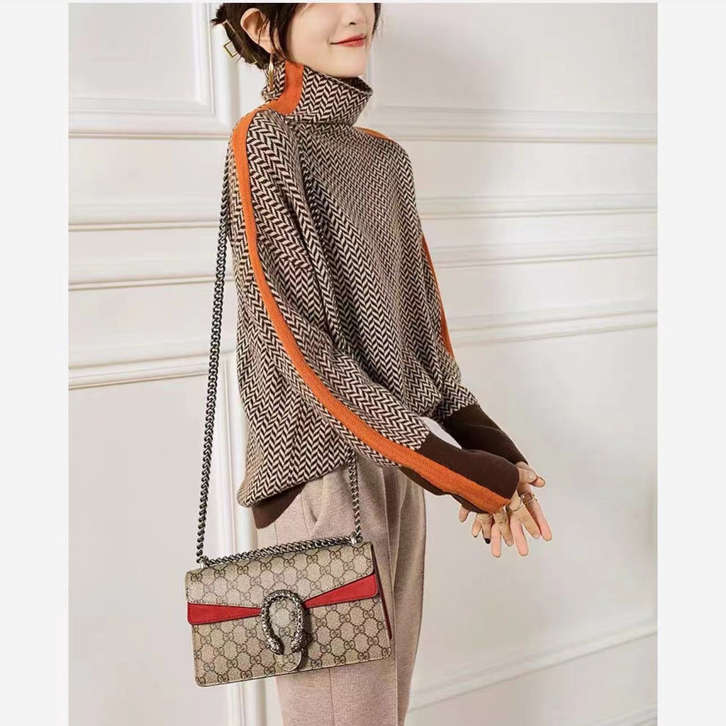 Retro Niche Design Knitwear for Women in Autumn and Winter Loose High-Neck Long-Sleeved Knitwear with Contrasting Color Inner Layering Shirt Top