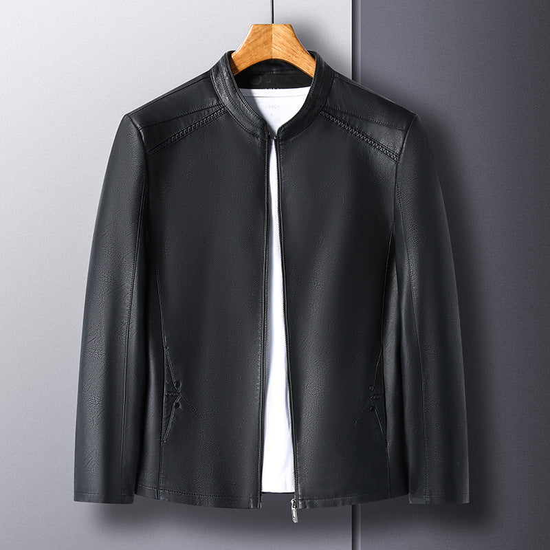 Men's Leather Jacket Men's 2025 Autum New Middle-Aged Fashion Business Stand Collar Fleece-Lined Casual Men's Leather Jacket Jacket