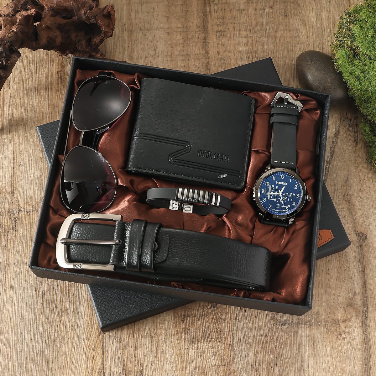 A04988 Men's Watch Belt suit Glasses Belt Wallet Keychain Large Dial Quartz Watch Gift