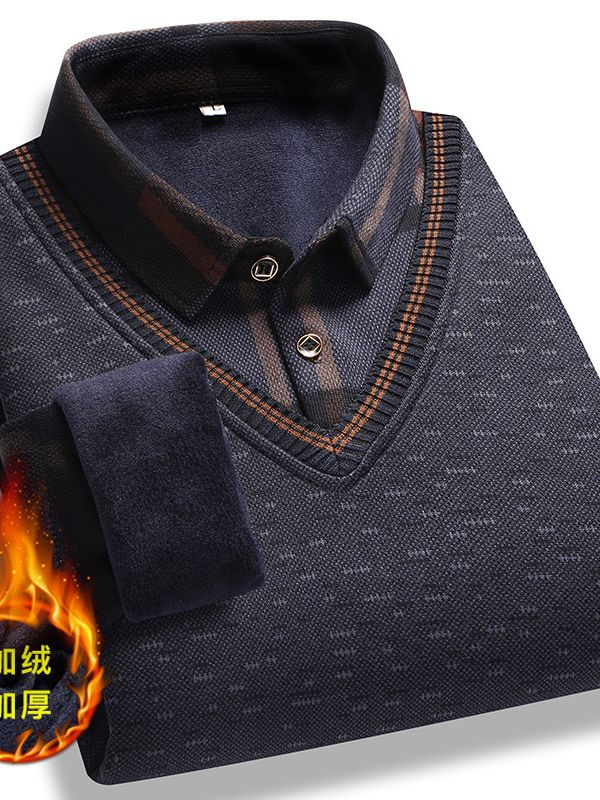 Autumn and Winter middle-aged and elderly fake two-piece sweater men's dad wear fleece-lined thickened slim shirt collar warm sweater