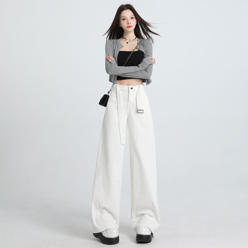 Belt Design Fashionable Wide-Leg Jeans for Women 2025 Summer and Autumn New High-Waist Slim Straight Casual Pants for Women