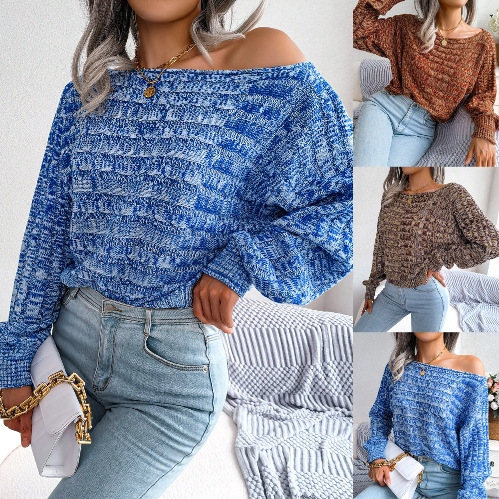 Clearance Sale Real Shot 2022 Autumn/Winter Fashion Colorful Cable Knit Long Sleeve Off-Shoulder Sweater Amazon Cross-Border Women's Clothing