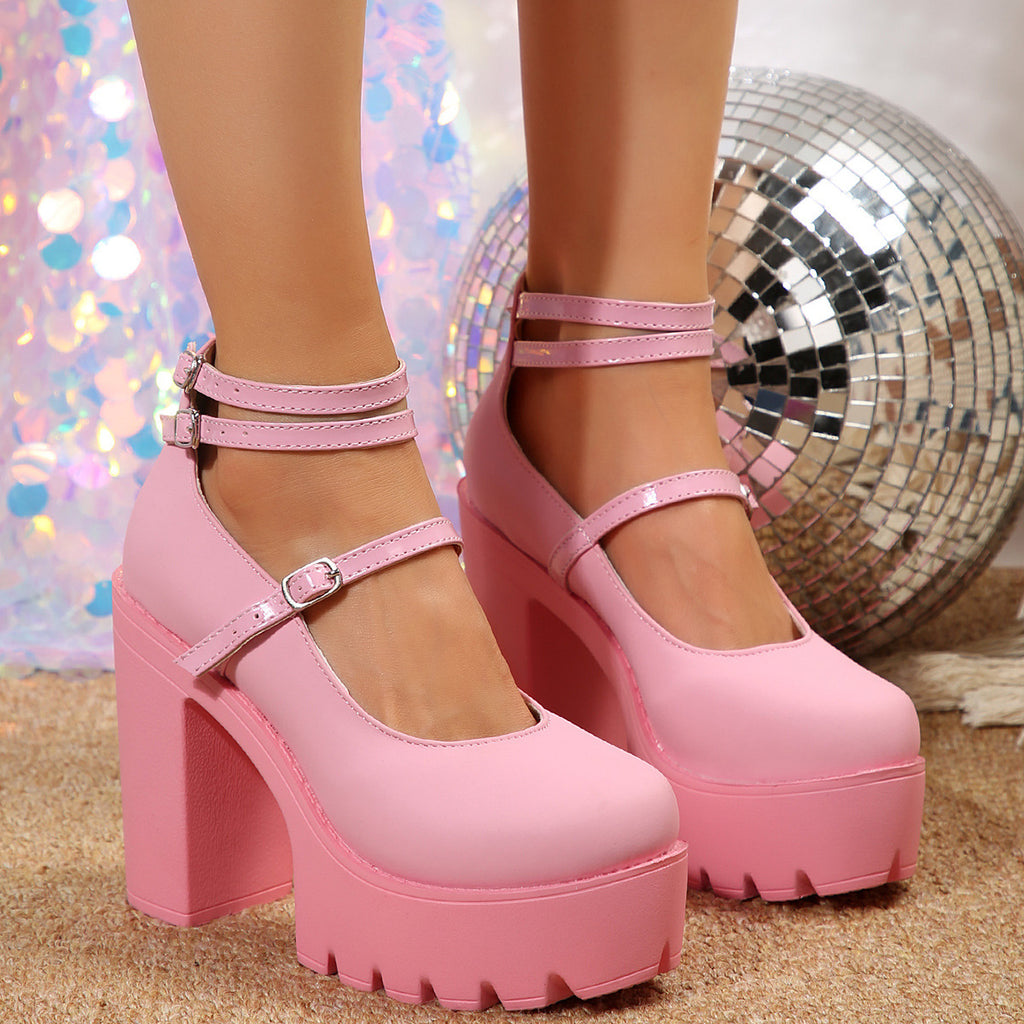 2025 New Autumn and Winter Women's Large Size Flats High Heels Thick Heels Waterproof Platform Pure Color Buckle European and American Style 35-43 Sizes