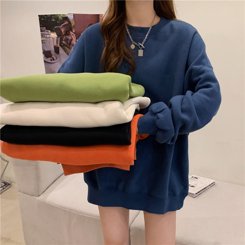 Solid Color Velvet Sweatshirt for Women in Autumn and Winter Korean Style Loose Casual Top T-Shirt Female Student Couple Outwear Bottoming Shirt