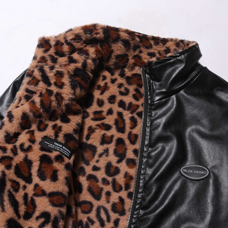 Leather women's 2025 winter new double-sided fur one-piece motorcycle clothing leopard fleece-lined PU fur coat coat trendy