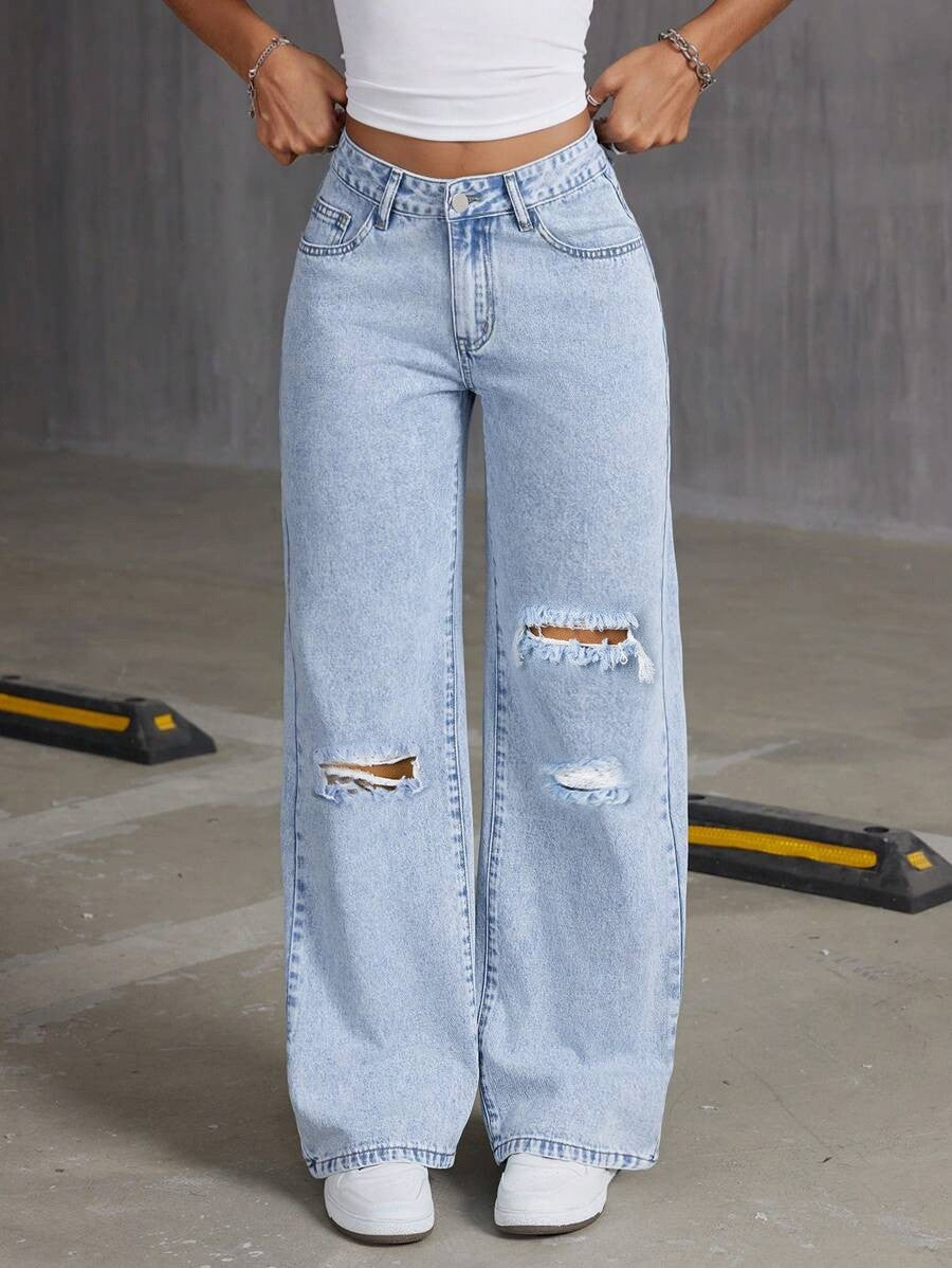 European and American Cross-Border 2025 New Loose Light Blue Washed Wide-Leg Jeans Pure Color Pants Women Jeans