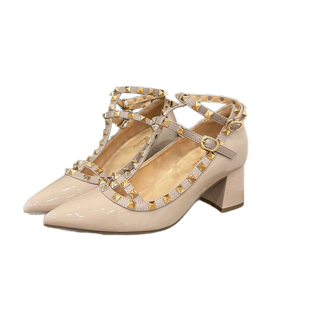 Increased 8cm Patent Leather Rivet Pointed High Heels Women's 2025 Spring New Sexy Foot Ring Buckle with Chunky Heel Single-layer Shoes
