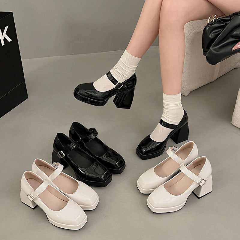 2026 New Style High-Heeled Shoes with Chunky Heels, Mary Jane Women's Shoes, Shallow Mouth Single Shoes, Women's Patent Leather Square Heel Shoes