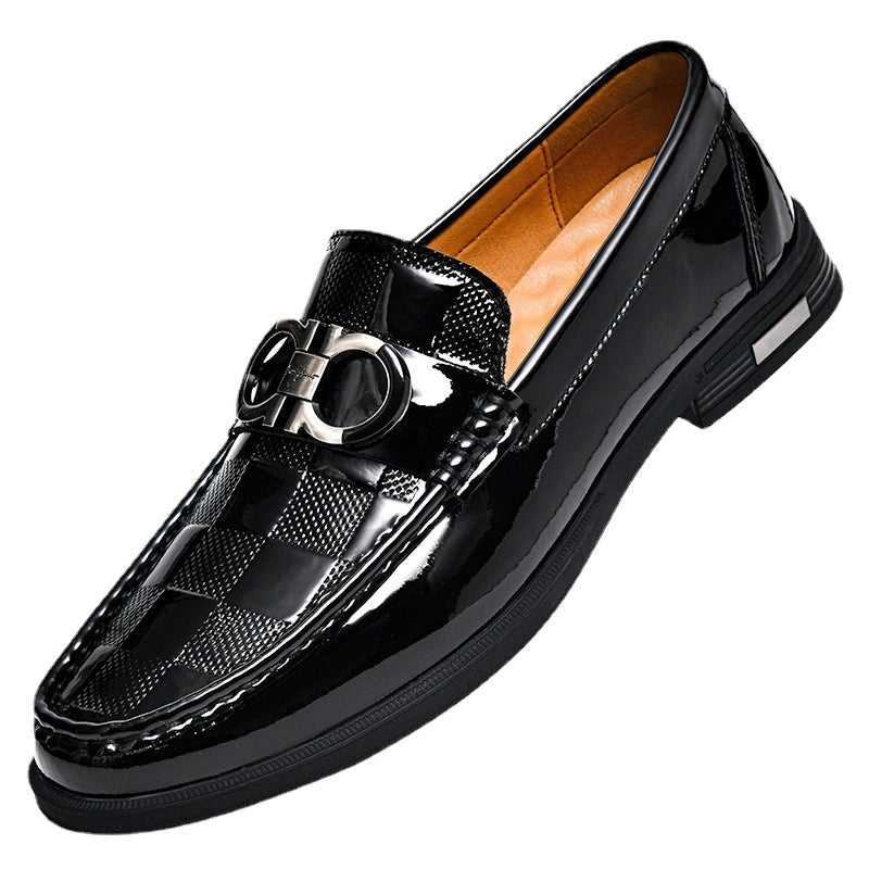 Amazon Large Size 47 Cowhide Loafers Men's Mirror Glossy Plaid Embossed British Casual Business Slip-On Leather Shoes