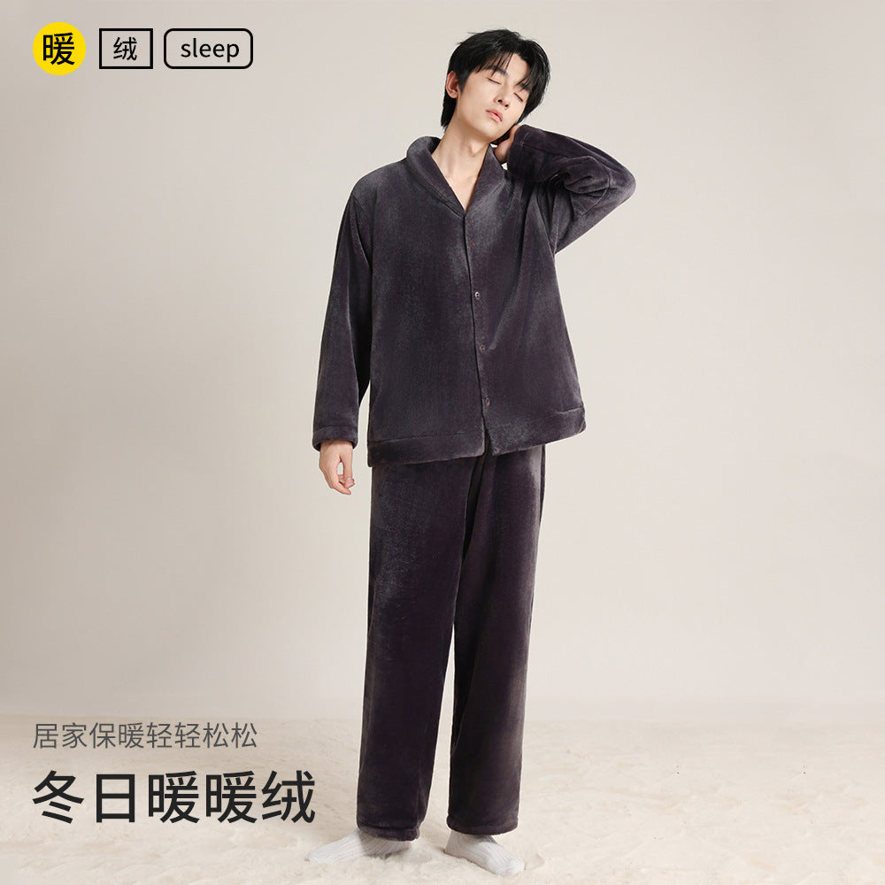 Couple's Autumn and Winter Thickened Pajamas with Green Fruit Collar, Simple and Luxurious Men's and Women's Cardigans, Double-Sided Velvet Warm Home Clothes Two-Piece Set