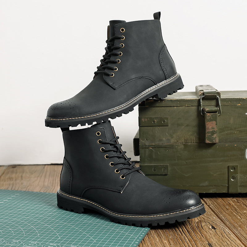 2025 Four Seasons Tooling Leather Shoes Men's European Station Big Head Retro Martin Boots Men's Non-Slip High Top All-Match Knight Boots