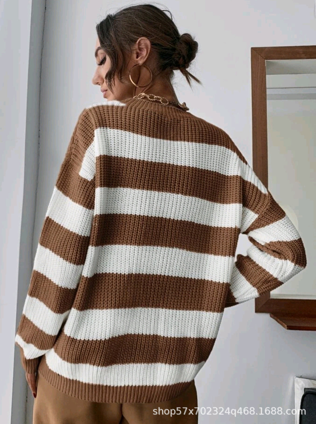 European and American Cross-Border Autumn and Winter New Striped Loose Sweater Women's Long-Sleeved Knitwear