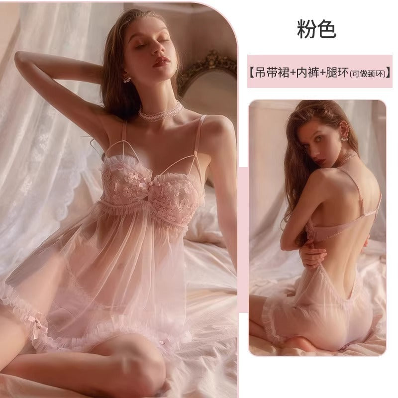 Sexy Pajamas Women's Lace Sling Nightgown Transparent Thin plus size with Steel Ring Loose Ice Silk Small Chest Push-up Underwear