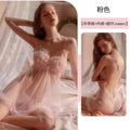 Sexy Pajamas Women's Lace Sling Nightgown Transparent Thin plus size with Steel Ring Loose Ice Silk Small Chest Push-up Underwear